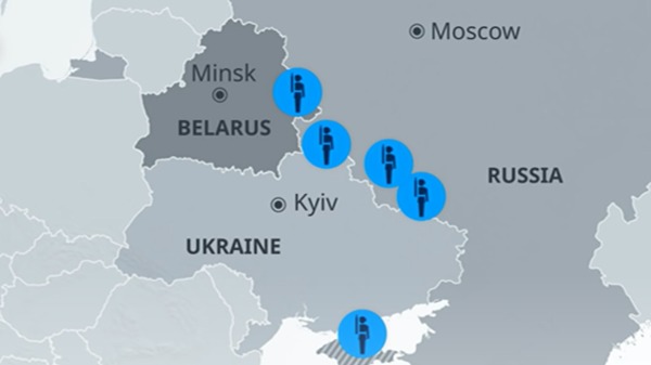 俄罗斯陈兵俄乌边境的示意图。