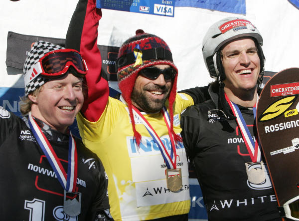 圖為2007 年 3 月 11 日在美國紐約州威爾明頓（Wilmington）舉行的 FIS 世界杯單板滑雪比賽結束後，獲勝者慶祝勝利。從左到右依次是銀牌獲得者、美國的 Nate Holland，金牌獲得者、加拿大的Drew Neilson，和銅牌獲得者、德國的 David Speiser。（圖片來源：DON EMMERT/AFP via Getty Images）