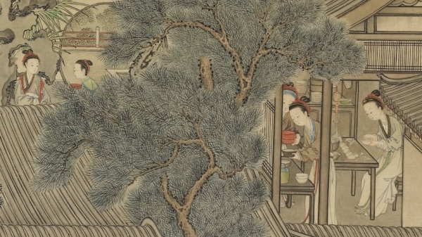 清姚文瀚《歲朝歡慶圖》，繪製過年情景：婦女在廚房調理酒食。