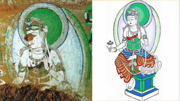 新疆阿艾石窟壁画中的文殊菩萨（左）及文殊菩萨复原图（右）。