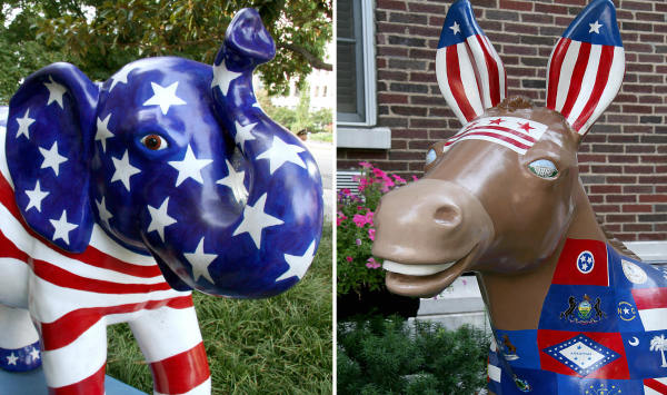 美國民主黨的標誌是驢，共和黨的標誌是象，這兩黨之間的選舉競爭也常被描述為驢象之爭，給嚴肅的政治選舉帶來一些幽默和樂趣。（圖片來源：KAREN BLEIER/AFP via Getty Images）