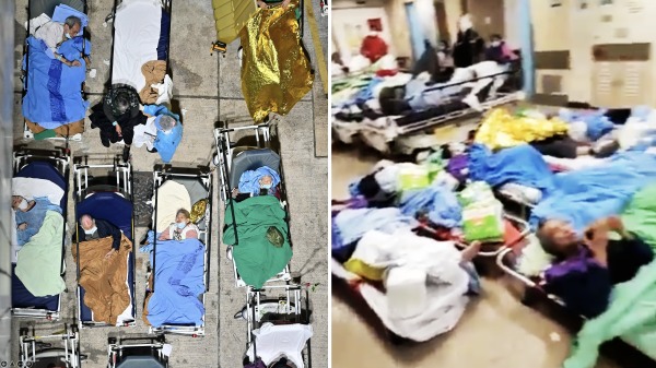香港新冠肺炎疫情嚴峻，公立醫院急症室爆滿，病人被迫躺在地上等候治療。（圖片來源：看中國合成圖）