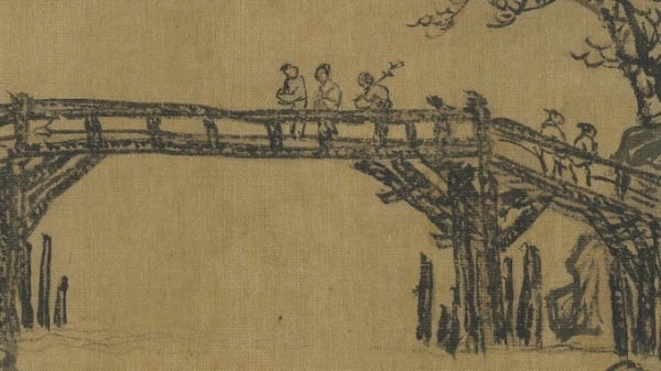 明代唐寅画金阊别意，此画绘有岸边官民散列船埠，殷殷话别相送之画面。 