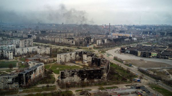 烏克蘭南部港口城市馬里烏波爾（Mariupol）的鳥瞰圖。俄羅斯軍隊於4月12日加強了攻佔馬里烏波爾的行動，這是預期的俄羅斯對烏克蘭東部進行大規模進攻的一部分。