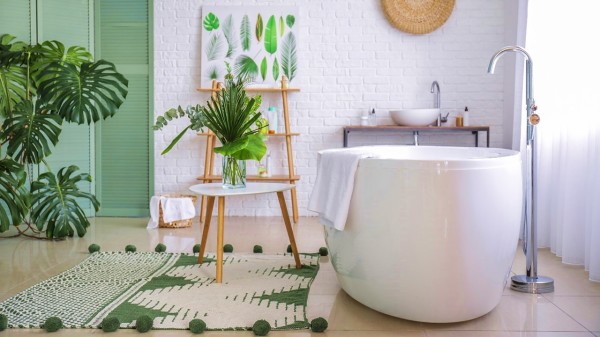 有植物盆栽的浴室