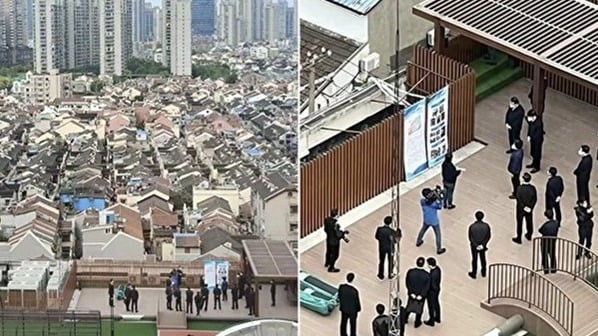 中共副总理孙春兰在上海豫园集团总部大厦楼顶摆拍画面被曝光。（图片来源：合成图）