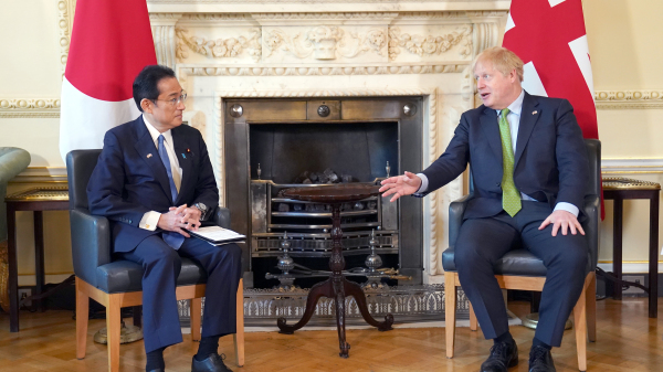 2022年5月5日，英国首相约翰逊在伦敦会见来访的日本首相岸田文雄。