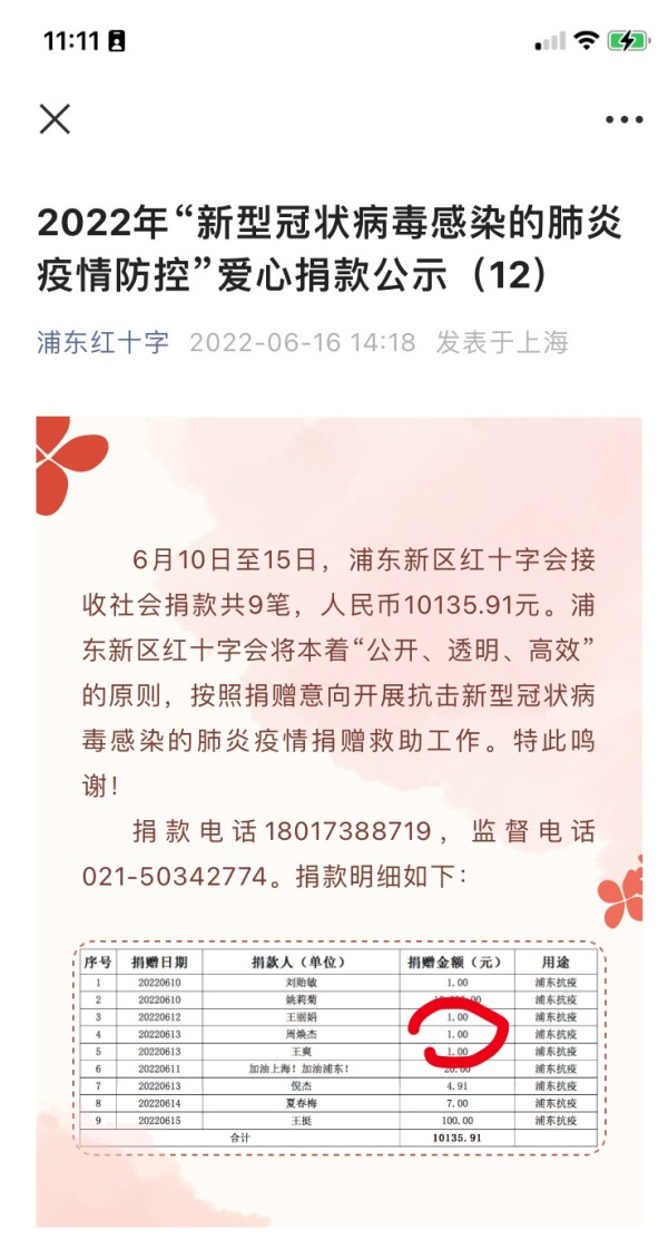 上海浦东新区红十字会的爱心捐款几乎都出现了3.28元这一捐款金额，甚至出现1元、0.01元等数字。