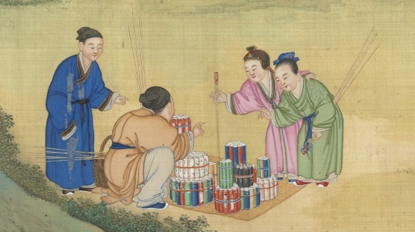 清代丁觀鵬《太平春市圖》-此幅畫成於乾隆七年，描繪新春時節鄉間歡樂的景象，攤販賣爆竹