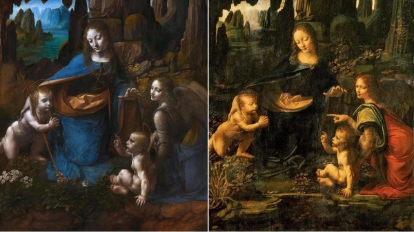 《岩間聖母》局部圖。左圖繪於1491年至1508年；右圖繪於1483年至1486年。
