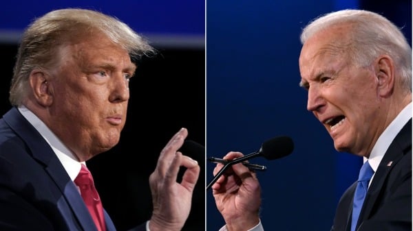 2020年總統大選中，拜登和川普在進行辯論。（BRENDAN SMIALOWSKI,JIM WATSON/AFP via Getty Images）