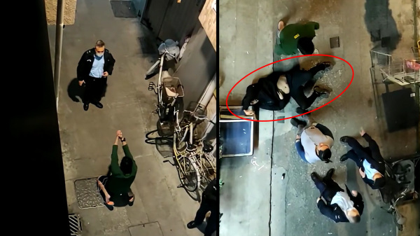 網絡片段顯示綠衫男一度跪地求饒（左）；中槍男子倒在地上（右）。