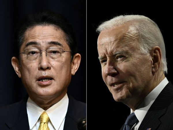 日本首相岸田文雄（Fumio Kishida，左）和美国总统拜登（右）的组合图。（图片来源：LILLIAN SUWANRUMPHA,BRENDAN SMIALOWSKI/AFP via Getty Images）