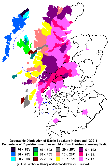 苏格兰盖尔语在苏格兰的分布地图