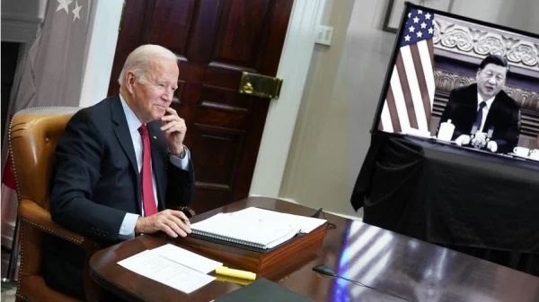 美国总统乔·拜登2021年11月15日在白宫罗斯福厅参加与中国国家主席习近平的虚拟会议