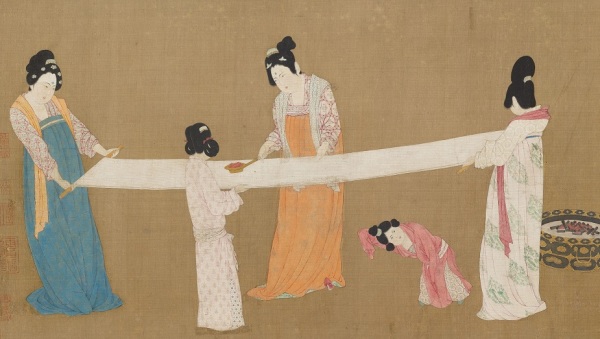 唐代名畫《搗練圖》，表現貴族婦女搗練縫衣的工作場景。收藏於波士頓美術館。
