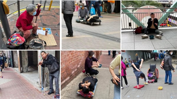 中港通关后，香港街头乞丐、卖艺人士剧增。（图片来源：唐生大地震@FB）