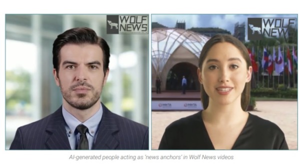这两个主播为AI深伪的，Wolf News也是虚构的媒体。