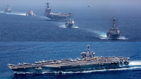 美軍林肯號航空母艦和航母打擊群 Carrier Strike Group (CSG) 3在太平洋進行模擬穿越海峽。(16:9)