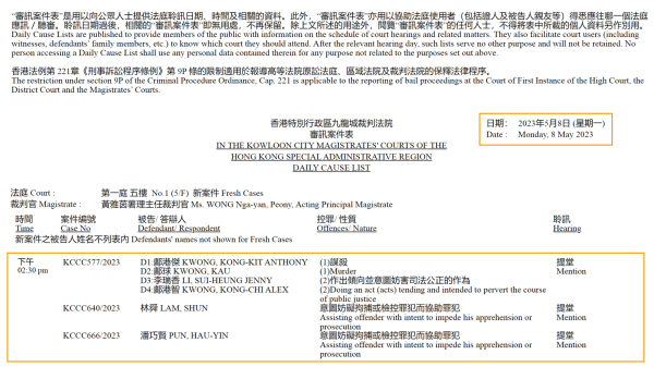 审讯案件表显示，蔡天凤案8日下午在香港九龙城裁判法院提堂。（图片来源：司法机构网站截图）