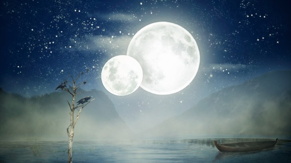 月亮 湖泊 小船 雾气 157324849