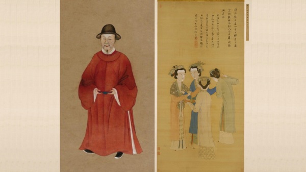 左：明·張靈繪《唐伯虎像》 右：唐寅繪《王蜀宮伎圖》 北京故宮博物院藏(16:9) 