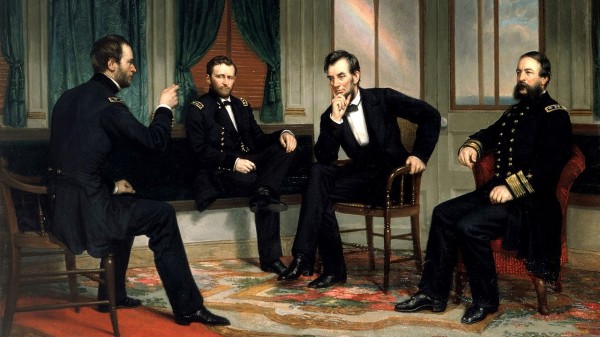 林肯（中右）與（自左）舍曼、格蘭特和波特。1868年作品。