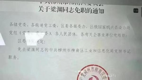 梁渊被免除柳州市柳南区工业和信息化局免除党组书记职务。（图片来源：网络）