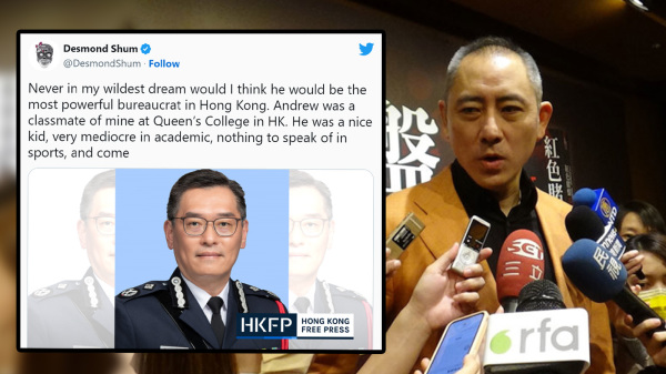 沈棟早前在Twitter上表示（小圖）完全想不到當年的同班同學今日竟然成為香港國安處處長。（圖片來源：看中國合成）