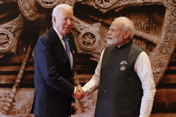 2023年9月9日，印度总理纳伦德拉·莫迪欢迎美国总统乔·拜登出席在新德里举行的G20领导人峰会。
