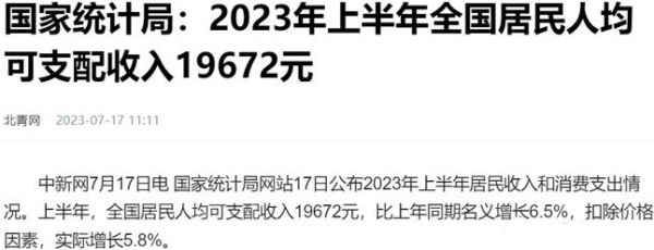 中国国家统计局称：2023年上半年全国居民人均可支配收入19672元