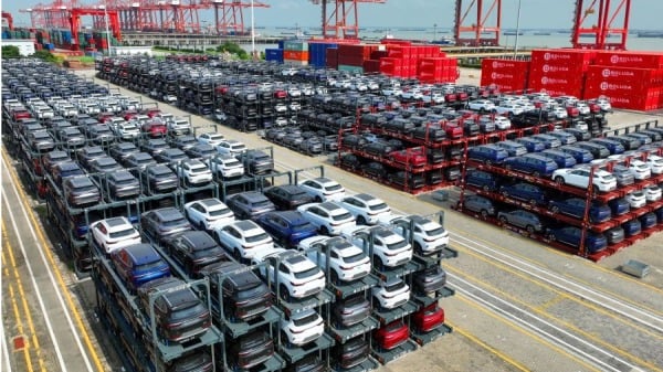 等待裝船的比亞迪電動車堆放在中國東部江蘇省蘇州港太倉港國際貨櫃碼頭
