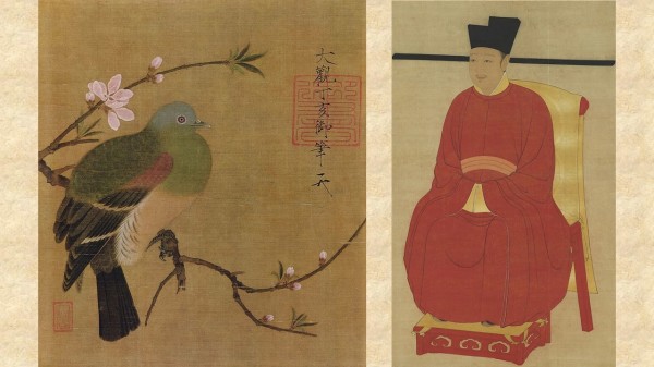 左：宋徽宗赵佶〈桃鸠图〉  右：国立故宫博物院藏宋徽宗显孝皇帝肖像
