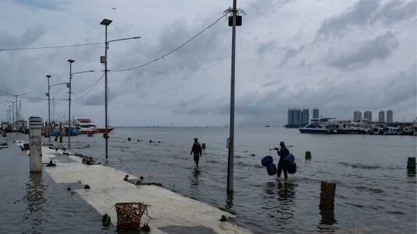 印尼首都雅加达涨潮期间，渡轮码头每天早上都被海水淹没。雅加达多年来一直以每年25公分（10英寸）的速度下沉，这主要原因是过度抽取地下水。地表沉降是世界各地沿海大城市日益严重的问题，是一种缓慢发展的灾难，不仅导致沿海土地丧失，而且增加了对干旱的敏感度。