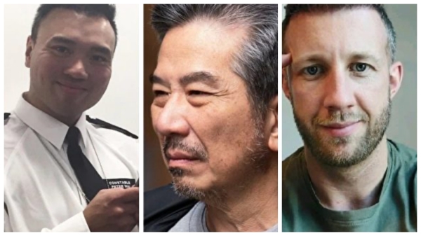 英国政府逮捕了三名间谍，其中一名为香港驻伦敦经贸办行政经理袁松彪（中间）。（看中国合成图）