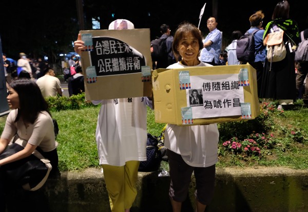 5月28日傍晚《立法院職權行使法》部分法條三讀通過，當晚立法院周圍依舊湧入7萬民眾，向法案表達抗議。兩名做奶奶的家庭主婦到場聲援。 