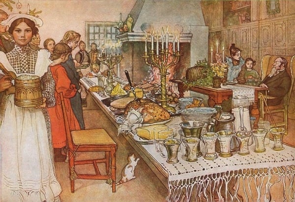 今天要来迎接平安夜啰！图为瑞典画家卡尔･拉森（1853-1919）绘制的水彩画《圣诞夜》。