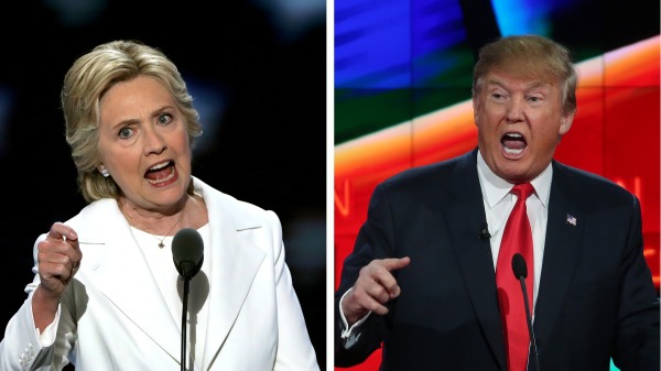 2016年美國總統大選中，共和黨總統候選人唐納德·川普（特朗普）（Donald Trump，右）和民主黨對手希拉里·克林頓（Hillary Clinton，左）在大選辯論中交鋒。