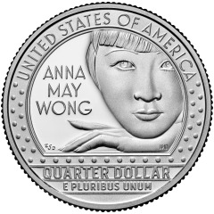 已故的好萊塢第一位華裔美國電影明星黃柳霜（Anna May Wong，1905-1961）在2022年又入選成為美國25美分硬幣上的第一位華裔人物。美國鑄幣局將於2022年10月的晚些時候開始發行以黃柳霜的肖像為原型的25美分硬幣。（圖片來源：U.S. Mint via Getty Images）