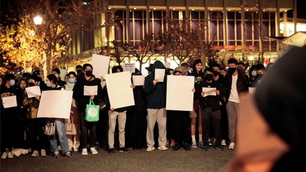 11月28日，加州伯克利大學華人學生聲援白紙運動。