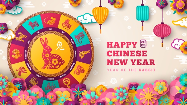 2023 年中國新年快樂橫幅與紙花和生肖圈。