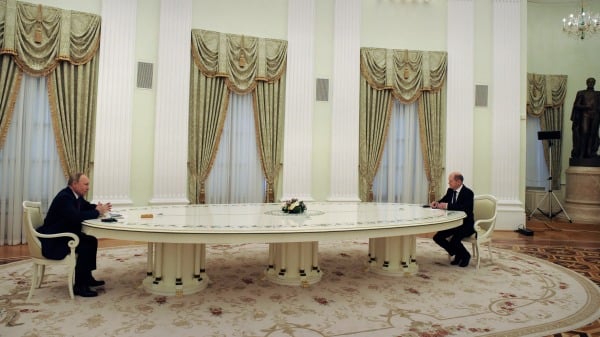 2022年2月15日，俄羅斯總統普京和德國總理蕭茨在裡姆林宮就烏克蘭安全問題舉行會議。