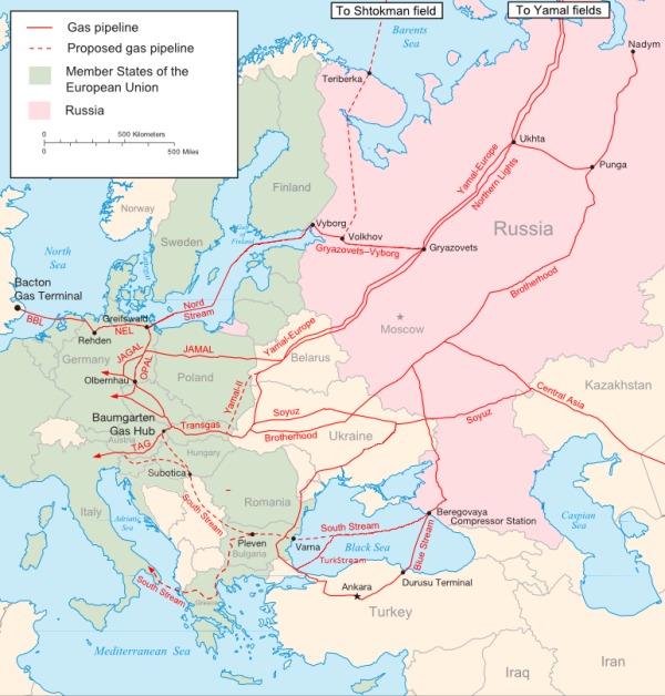 向欧洲供应俄罗斯天然气的主要现有和计划中的天然气管道