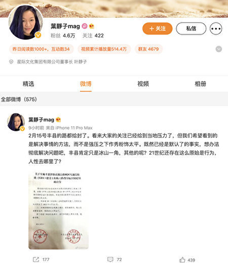 葉靜子在微博上聲援徐州豐縣「鎖鏈女」事件，引髮網民關注。（圖片來源：網頁截圖）