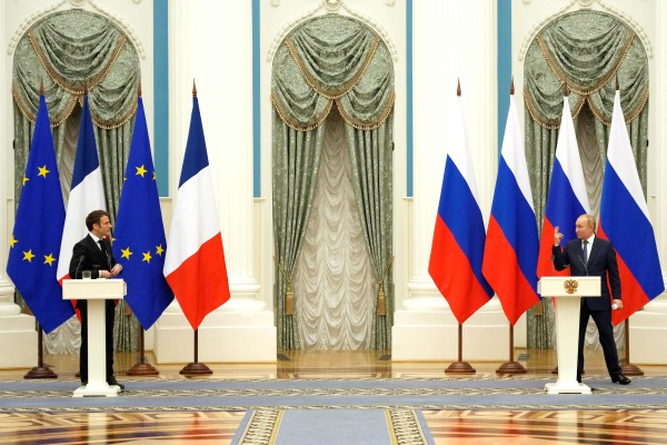 2月7日，俄羅斯總統普京與法國總統馬克龍舉行聯合新聞記者會。