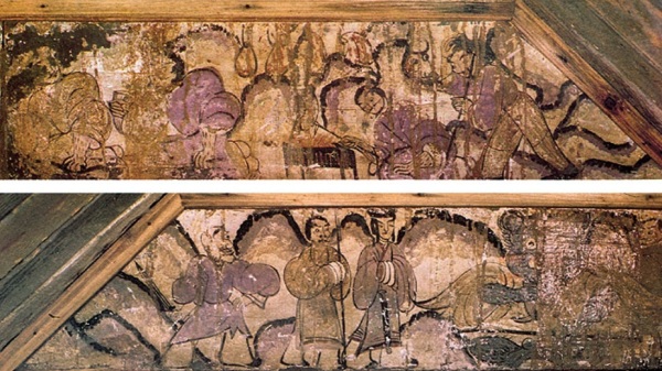 現存洛陽古墓博物館的鴻門宴圖。上排由左而右：劉邦，項羽，廚師一，廚師二。 下排：項莊，范增，張良，項伯。