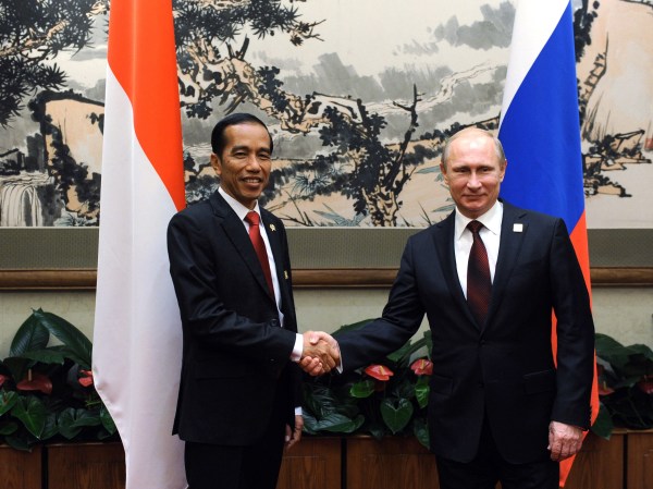 2014年11月10日，在北京举行的亚太经合组织（APEC）峰会期间，俄罗斯总统普京与印度尼西亚总统佐科・维多多握手。