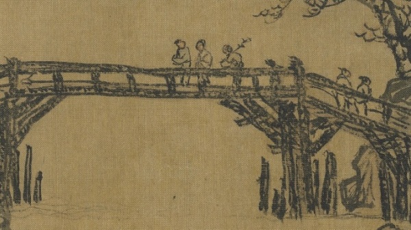 明代唐寅畫金閶別意，此畫繪有岸邊官民散列船埠，殷殷話別相送之畫面。 