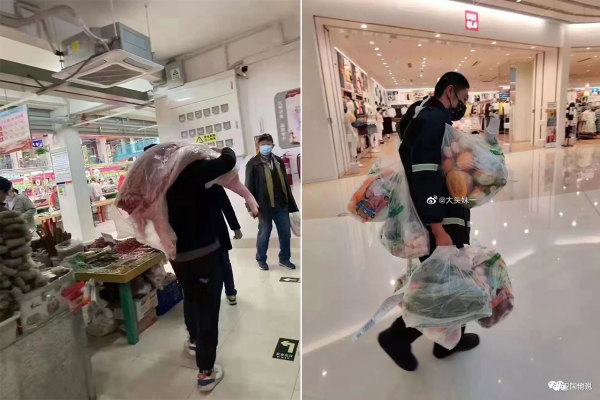 左图：一顾客抢购半扇猪肉回家储藏。 右图：受上海封城启发，北京一年轻人大包小袋把食物带回家。（图片来源：网络）