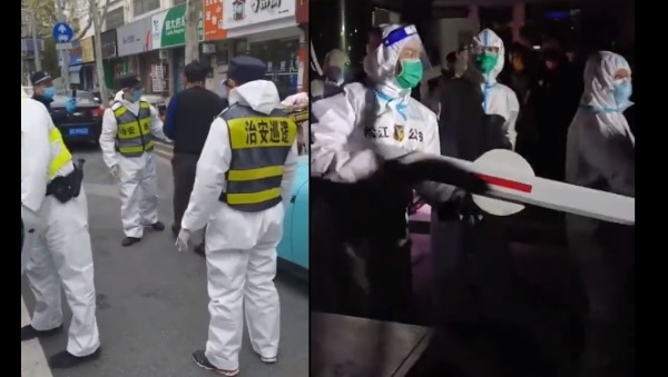 左圖：封控狀況。右圖：上海市民沒食物可吃，與封控人員對峙。